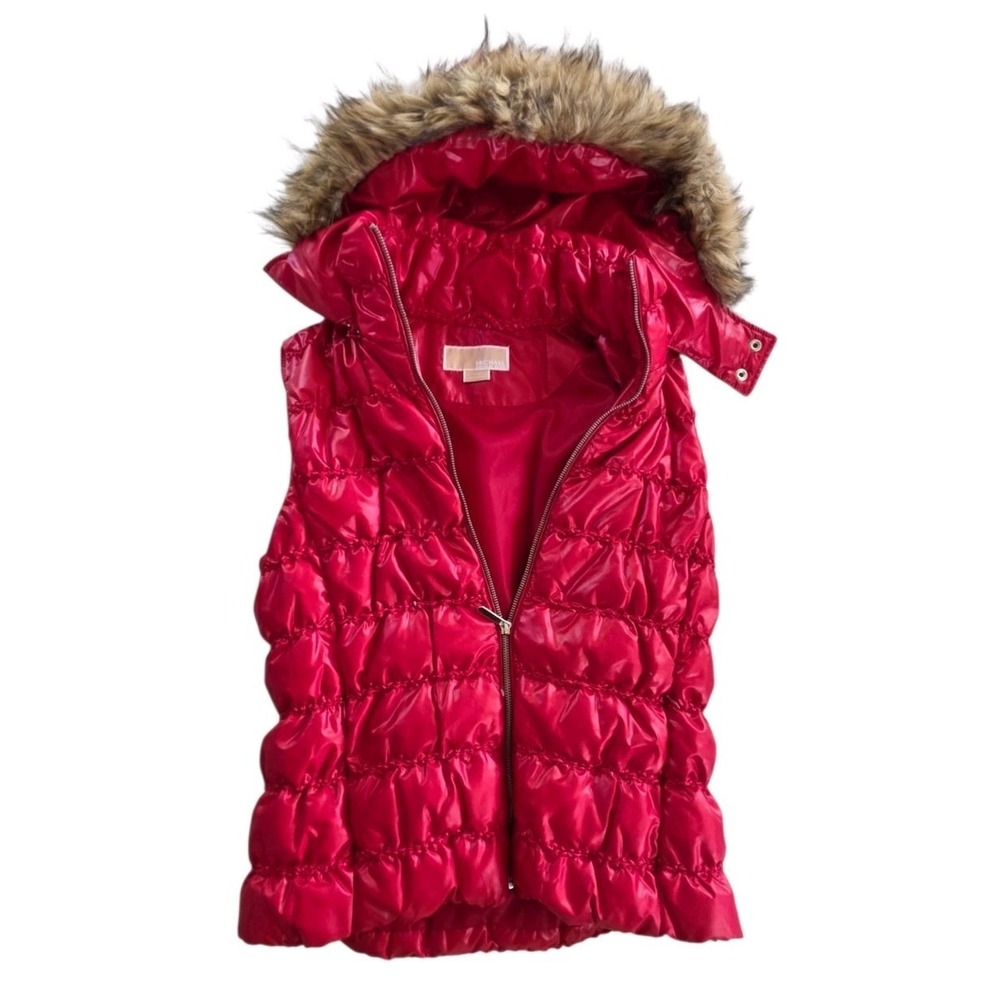 Michael Kors Womens Size Medium Red Puffer Down Filled Zip Up Vest Faux Fur
